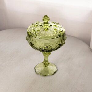Vintage Fenton Green Glass Rose Floral Lidded Compote